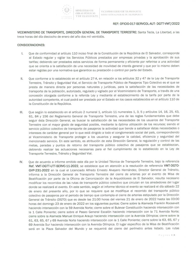 Resolución de modificación temporal de las rutas que circulan en los alrededores de la Plaza Salvador del Mundo