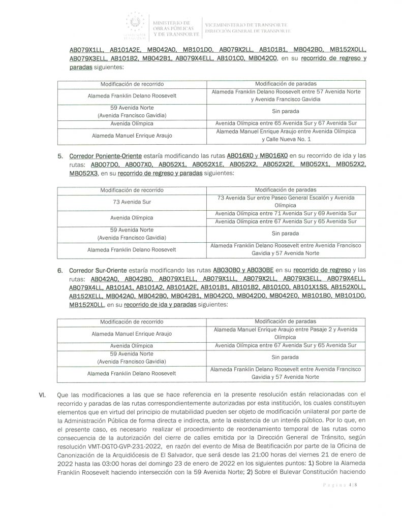 Resolución de modificación temporal de las rutas que circulan en los alrededores de la Plaza Salvador del Mundo