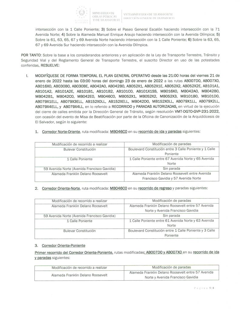 Resolución de modificación temporal de las rutas que circulan en los alrededores de la Plaza Salvador del Mundo