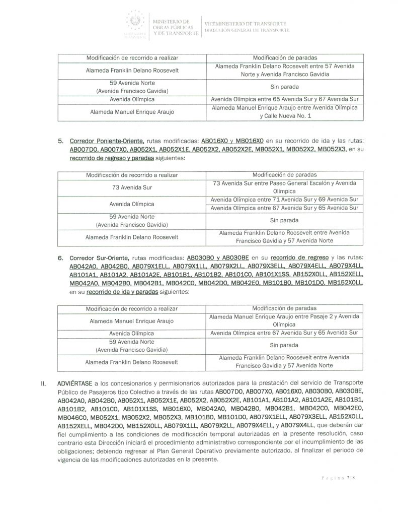 Resolución de modificación temporal de las rutas que circulan en los alrededores de la Plaza Salvador del Mundo