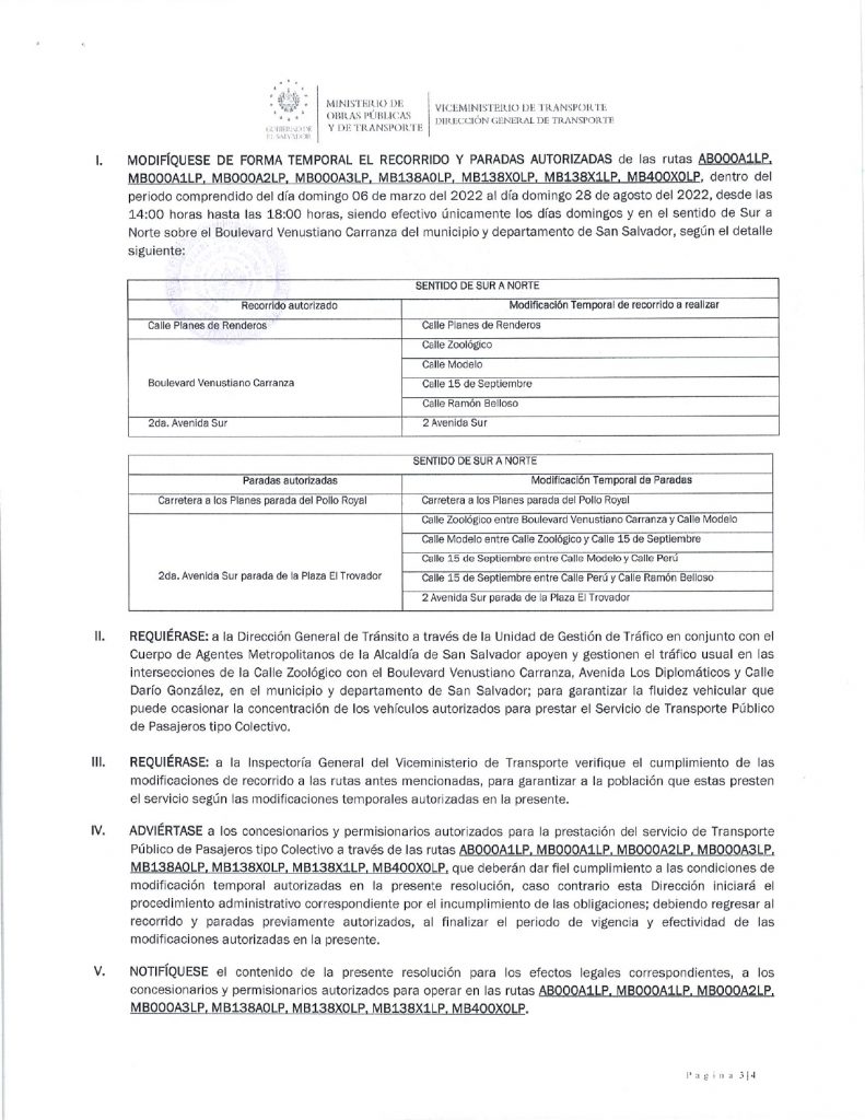 Resolución de modificación temporal de recorridos y paradas de las rutas AB000A1LP, MB000A1LP, MB000A2LP, MB000A3LP, MB138A0LP, MB138X0LP, MB138X1LP y MB400X0LP