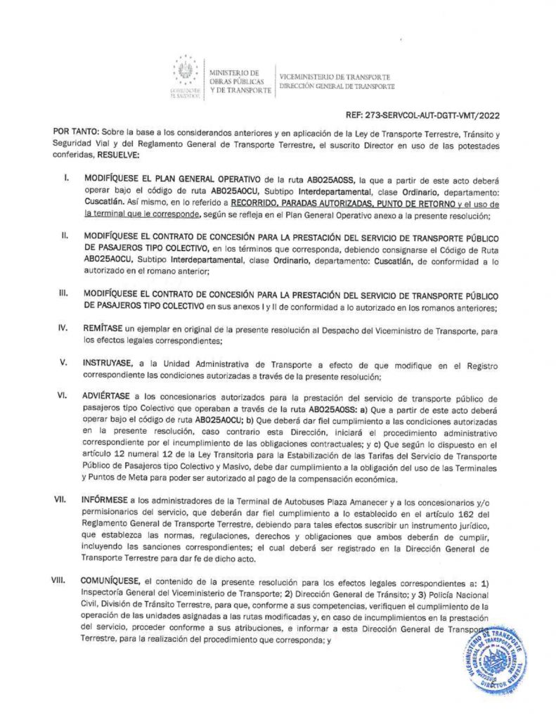 Resolución de modificación de los recorridos, paradas autorizadas y punto de retorno de la ruta AB 25A