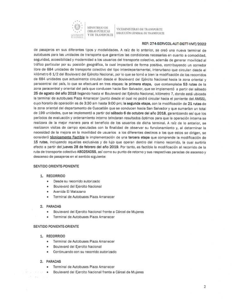 Resolución de modificación de los recorridos, paradas autorizadas y punto de retorno de la ruta AB 25