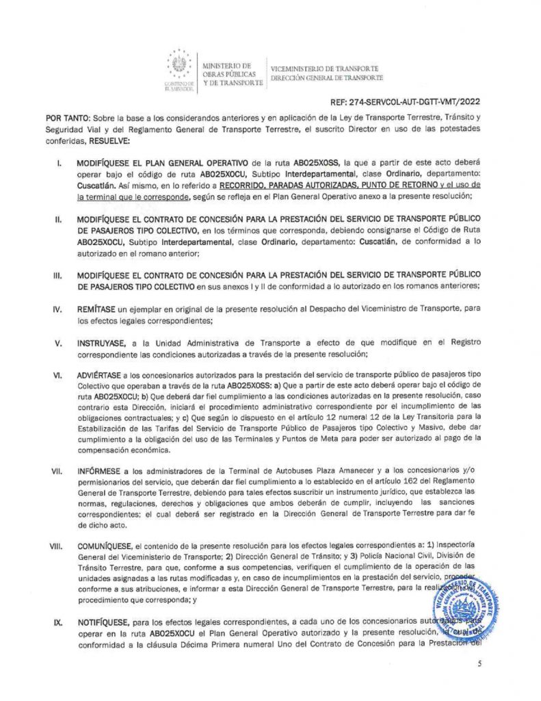 Resolución de modificación de los recorridos, paradas autorizadas y punto de retorno de la ruta AB 25