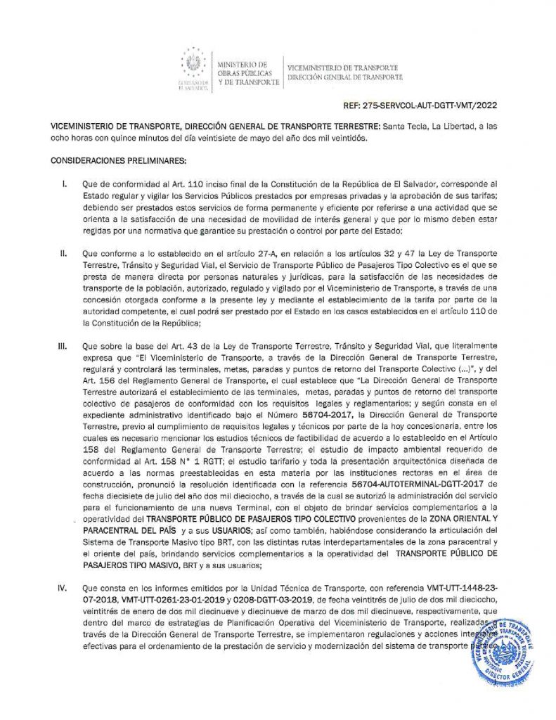 Resolución de modificación de los recorridos, paradas autorizadas y punto de retorno de la ruta MB 140-X3 (Suchitoto)