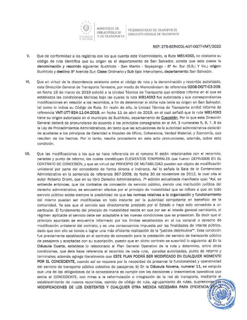 Resolución de modificación de los recorridos, paradas autorizadas y punto de retorno de la ruta MB 140-X3 (Suchitoto)