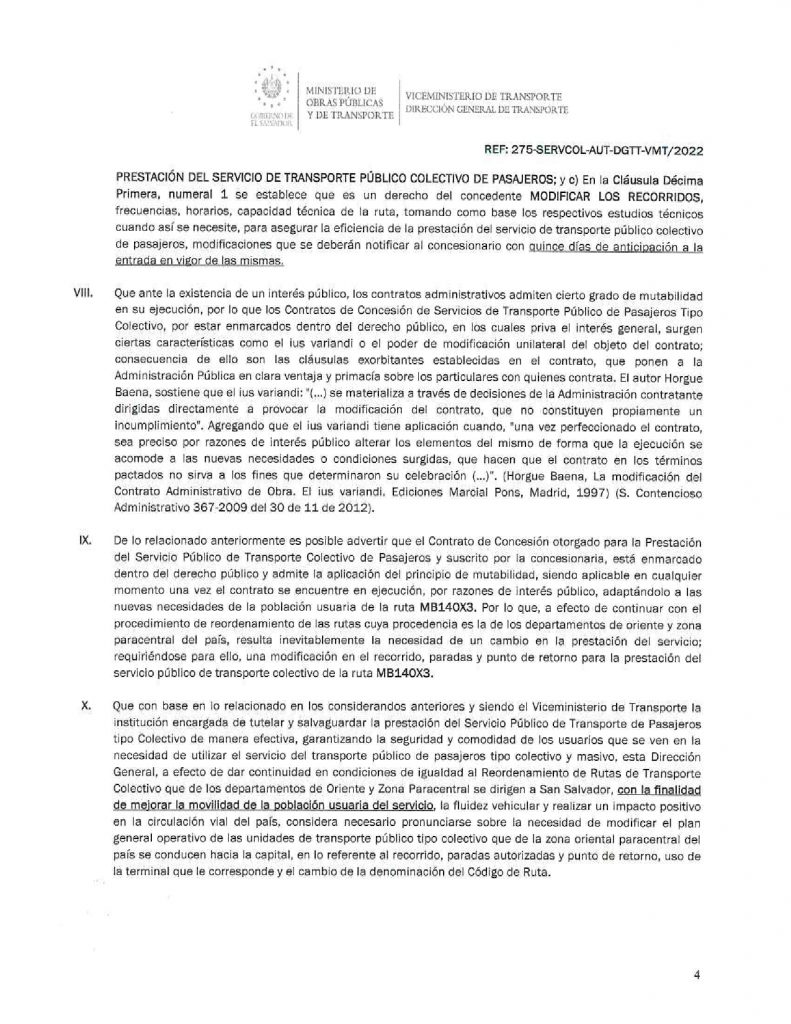 Resolución de modificación de los recorridos, paradas autorizadas y punto de retorno de la ruta MB 140-X3 (Suchitoto)