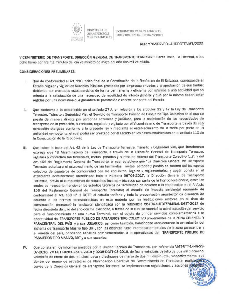 Resolución de modificación de los recorridos, paradas autorizadas y punto de retorno de la ruta MB 140-X5 (Sn. José Guayabal)