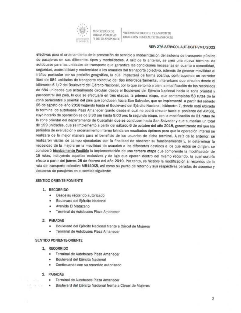 Resolución de modificación de los recorridos, paradas autorizadas y punto de retorno de la ruta MB 140-X5 (Sn. José Guayabal)