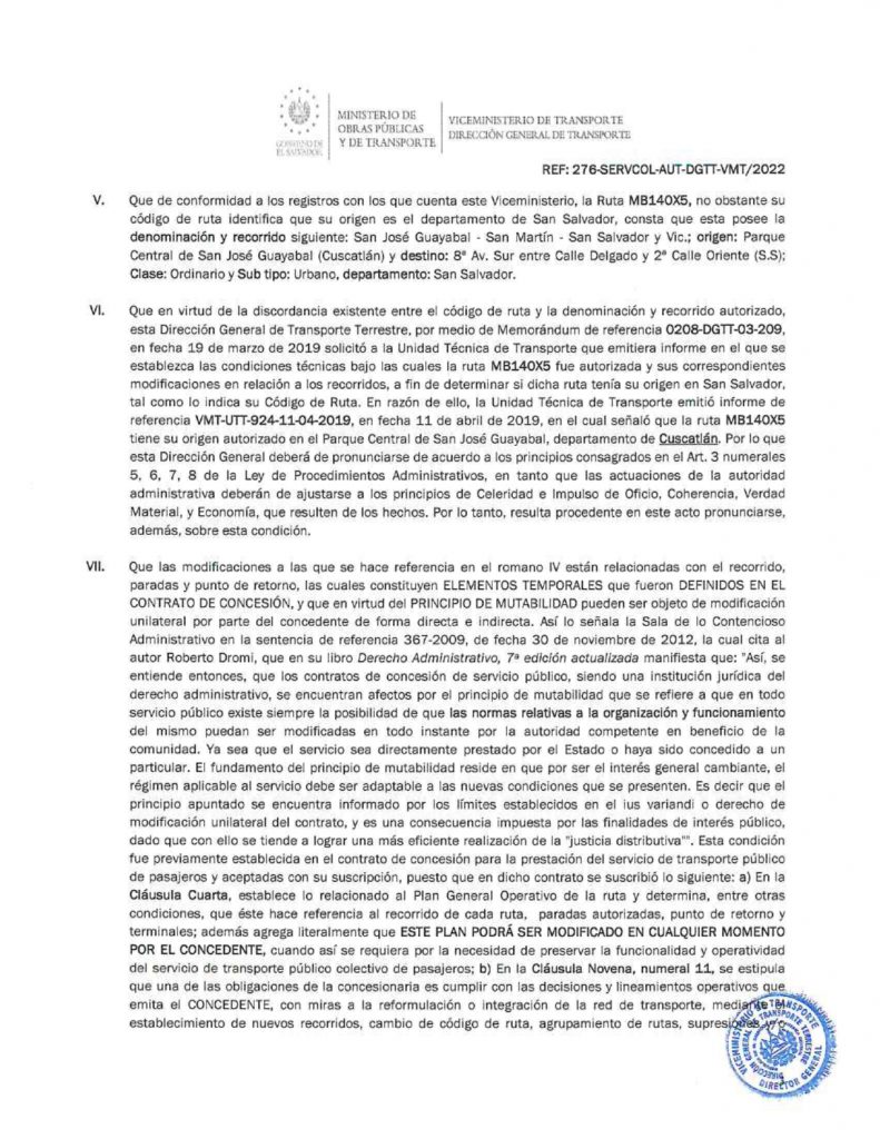 Resolución de modificación de los recorridos, paradas autorizadas y punto de retorno de la ruta MB 140-X5 (Sn. José Guayabal)